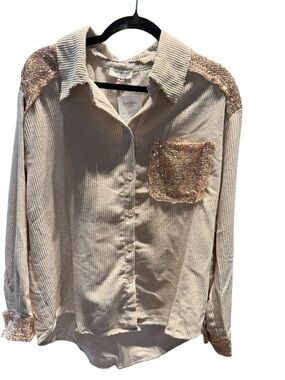 Umgee Cream Sequin-Trim Button-Up Shirt